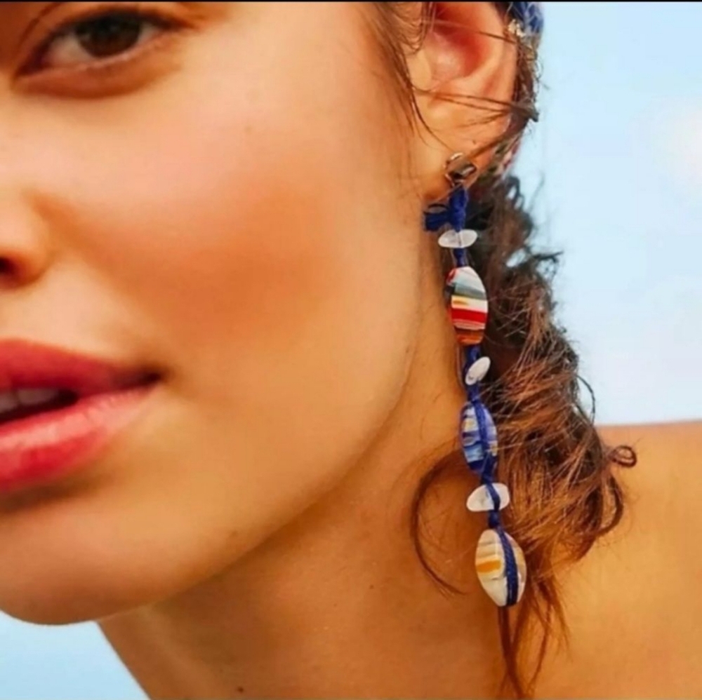 Free People Ariana Ost Voyage Dangle Crystal Glass BLUE String Earrings NEW